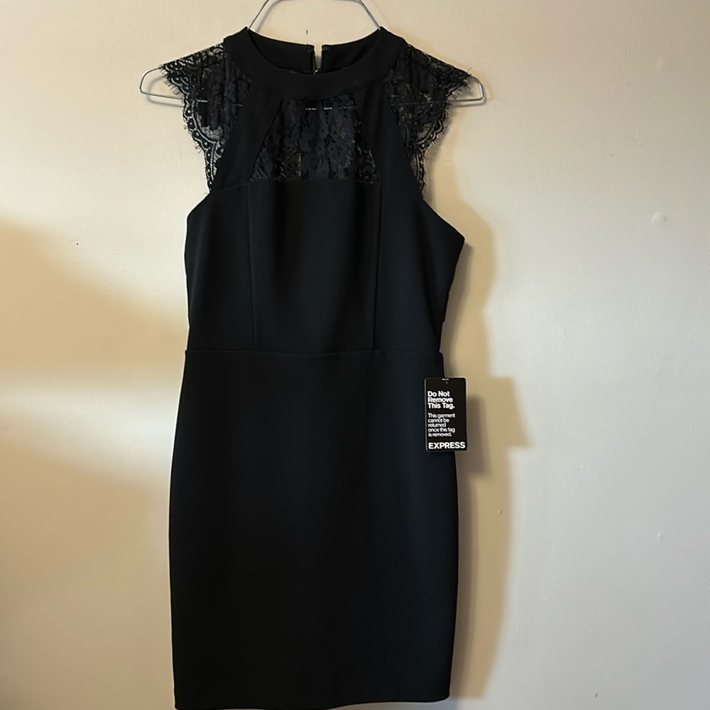 Express black dress lace back & upper chest form fitted back zipper size 4P  NWT